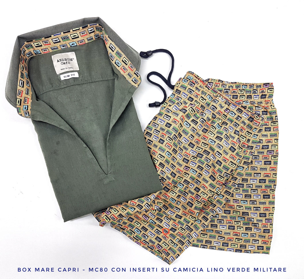 Costume da Bagno Fantasia musicassette abbinato a Camicia polo Lino verde militare con inserti BOX slip interno Made in Italy