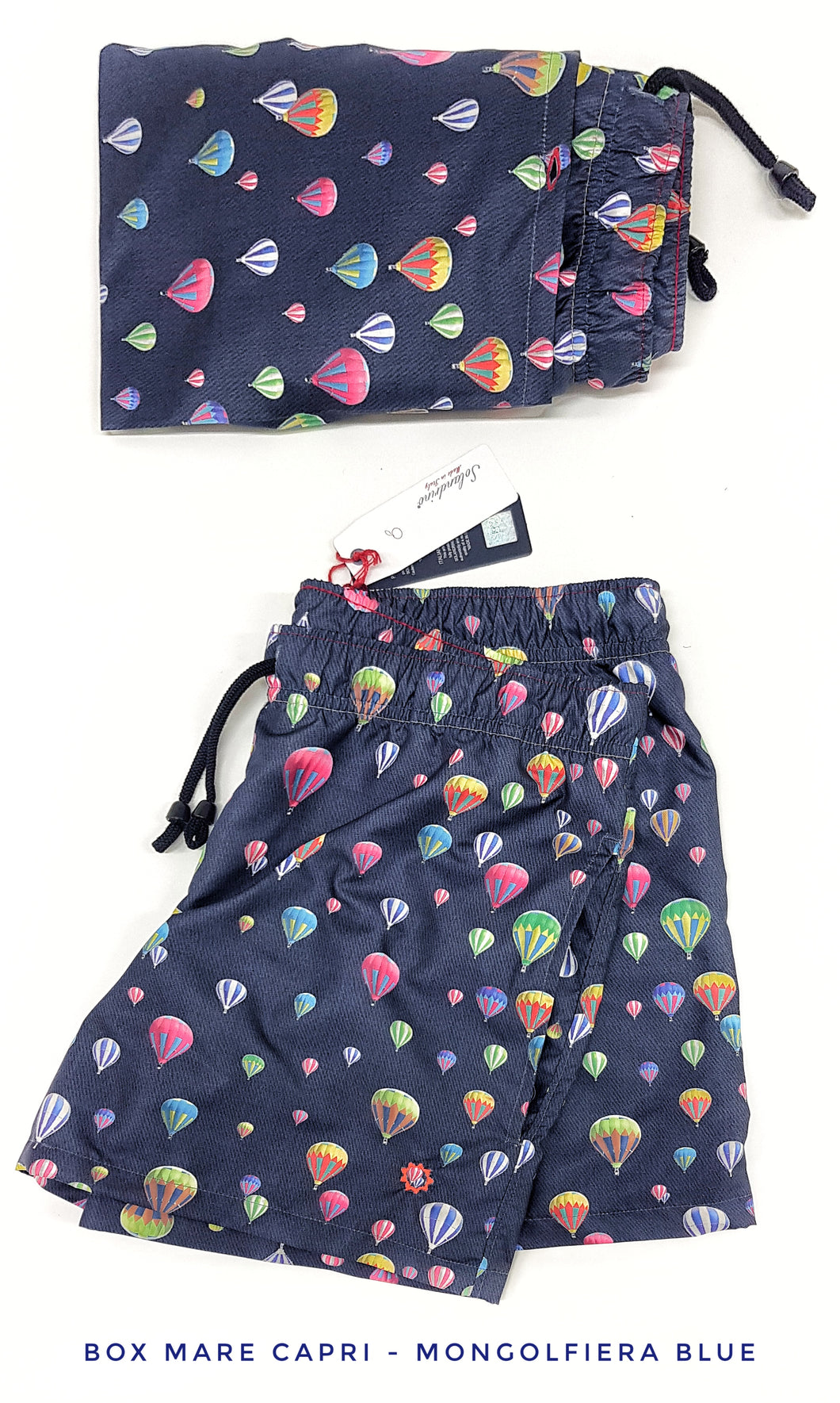 Costume da Bagno in morbido tessuto slip interno  asciugatura rapida Boxer mare Uomo fantasia Mongolfiera blu con 2 tasche laterali Made in Italy