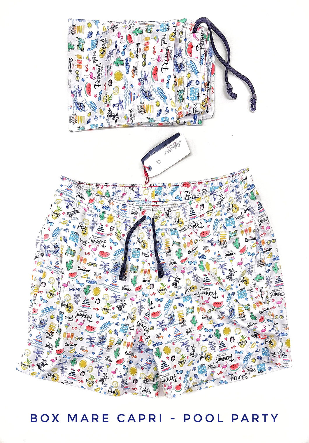 Costume da Bagno in morbido tessuto slip interno  asciugatura rapida Boxer mare Uomo fantasia Pool Party 2 tasche laterali Made in Italy
