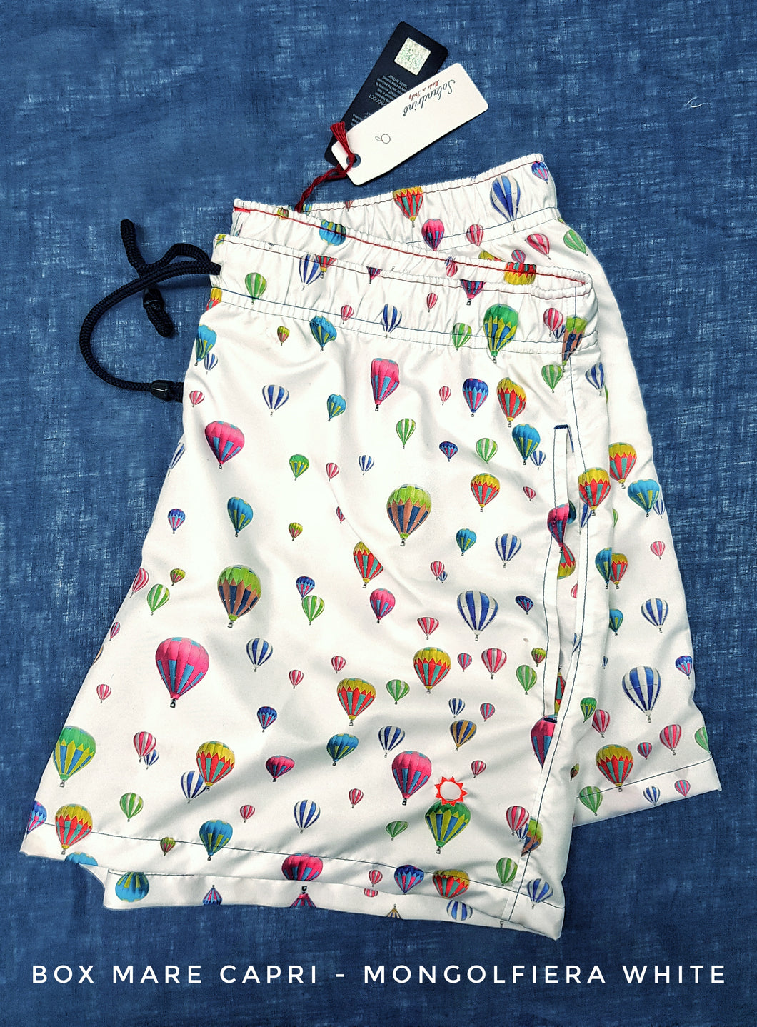 Costume da Bagno  in morbido tessuto slip interno  asciugatura rapida Boxer mare Uomo fantasia Mongolfiera Bianca con 2 tasche laterali Made in Italy