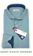 Carica l&#39;immagine nel visualizzatore di Gallery, Camicia Uomo puro cotone a righe verdone verde inglese  alta qualità bacchettino rigato titolo 120 made in italy
