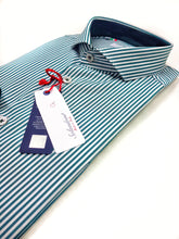 Carica l&#39;immagine nel visualizzatore di Gallery, Camicia Uomo puro cotone a righe verdone verde inglese  alta qualità bacchettino rigato titolo 120 made in italy
