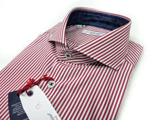 Carica l&#39;immagine nel visualizzatore di Gallery, Camicia Uomo puro cotone a righe rosso bordeaux alta qualità bacchettino rigato titolo 120 made in italy
