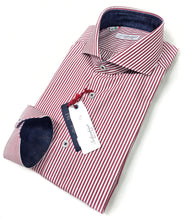 Carica l&#39;immagine nel visualizzatore di Gallery, Camicia Uomo puro cotone a righe rosso bordeaux alta qualità bacchettino rigato titolo 120 made in italy
