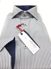 Carica l&#39;immagine nel visualizzatore di Gallery, Camicia Uomo puro cotone a righe grigia alta qualità bacchettino rigato grigio titolo 120 made in italy
