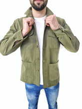 Carica l&#39;immagine nel visualizzatore di Gallery, Giacca Overshirt  Sahariana Safari verdone militare 4 tasche gabardina 100% cotone Made in italy
