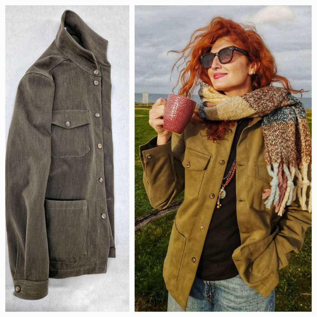 Giacca Sahariana Overshirt Unisex Donna Safari kaki brown militare  4 tasche gabardina 100% cotone Made in italy