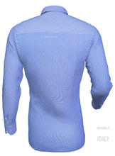 Carica l&#39;immagine nel visualizzatore di Gallery, Camicia rigata puro cotone bianco azzurro con inserto in denim blu
