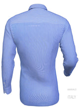 Load image into Gallery viewer, Camicia rigata puro cotone bianco azzurro con inserto in denim blu
