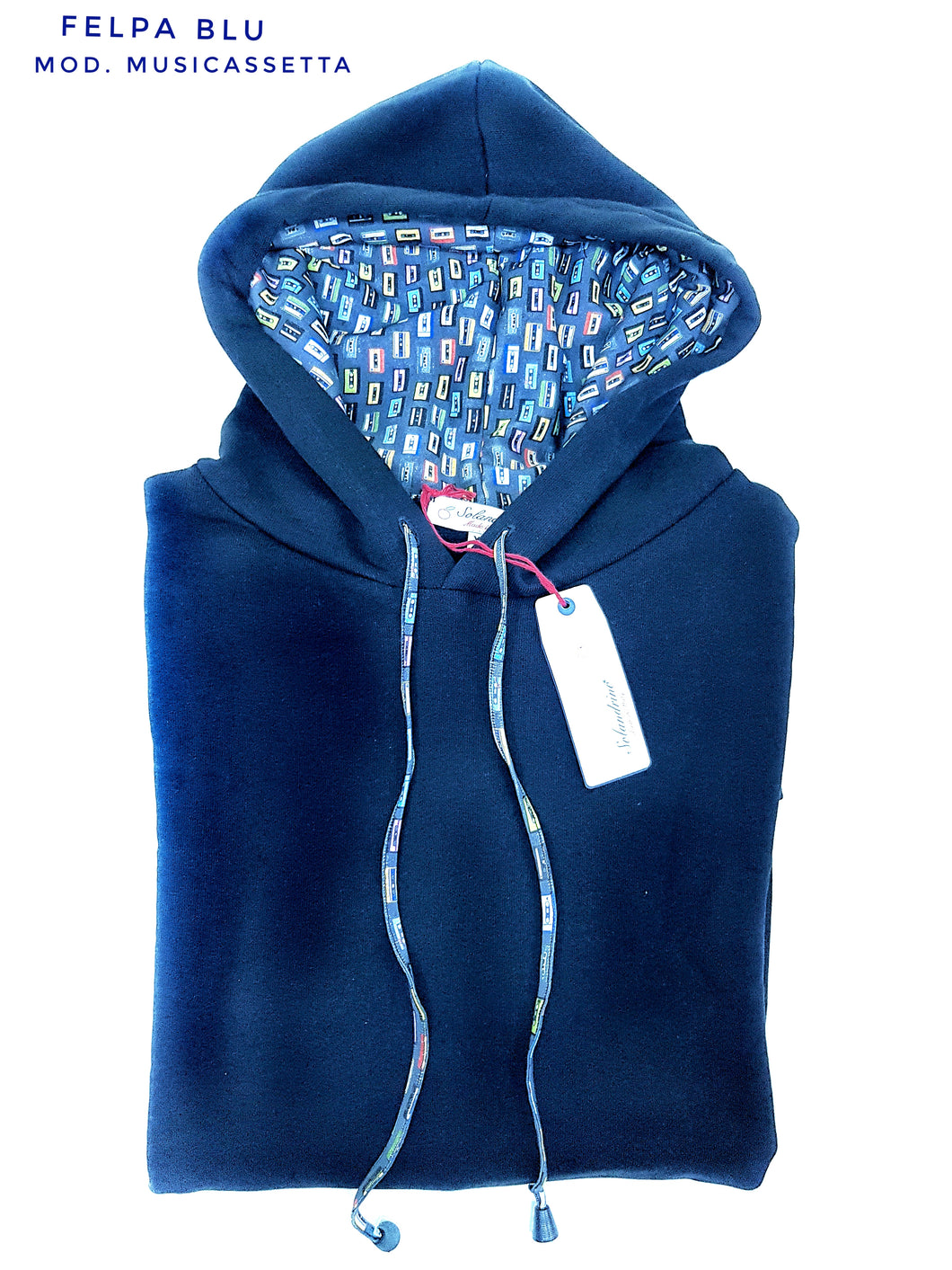 Felpa BLU con Cappuccio Design MUSICASSETTA 80'S  made in Italy Fantasia  100% cotone -UNISEX Sweatshirt hoodie