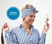 Carica l&#39;immagine nel visualizzatore di Gallery, Turbante Fashion in cotone Fantasia design fascia bianco blu 24 Made in Italy

