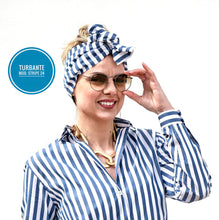 Carica l&#39;immagine nel visualizzatore di Gallery, Turbante Fashion in cotone Fantasia design fascia bianco blu 24 Made in Italy
