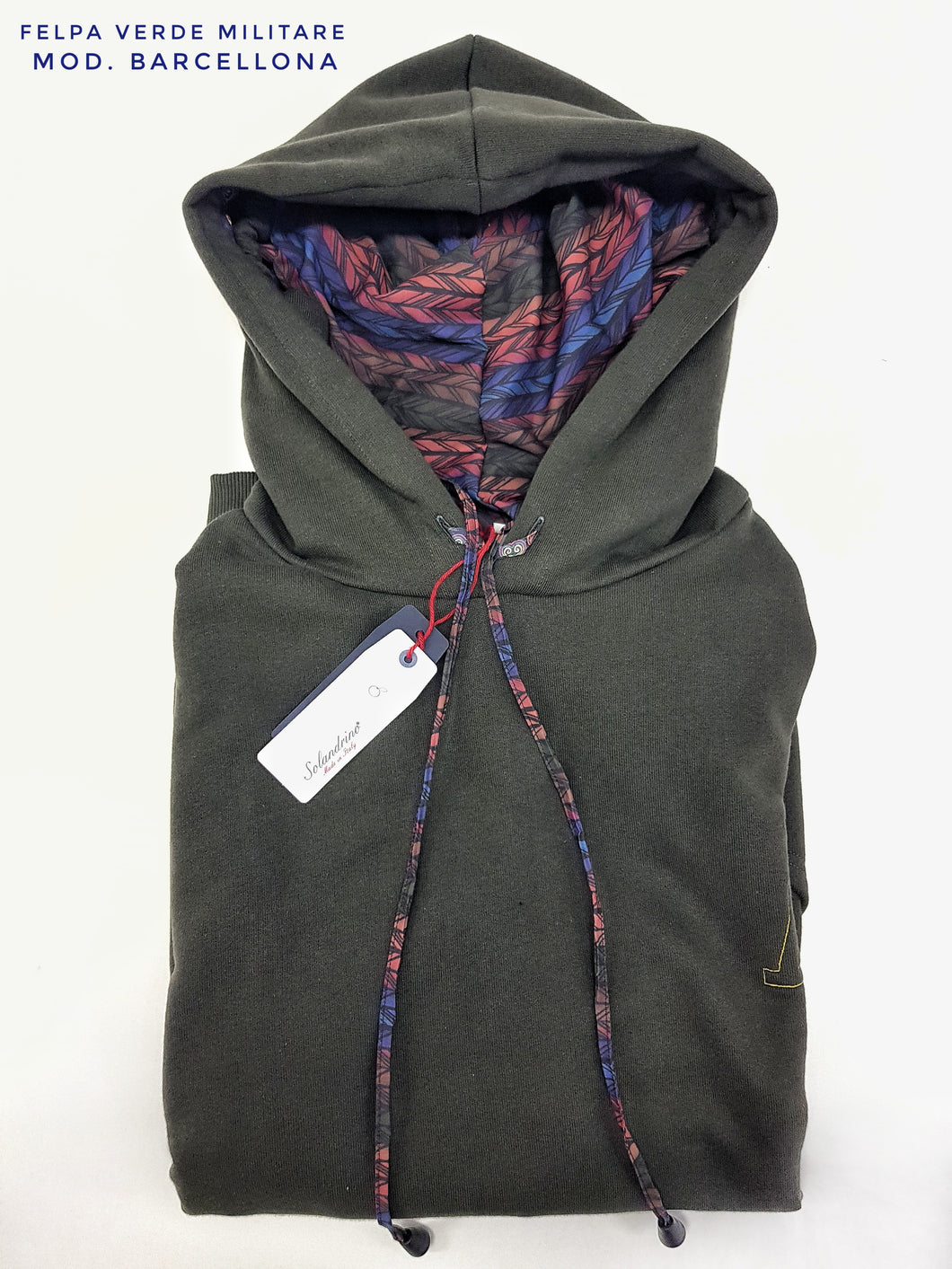 Felpa Verdone militare con Cappuccio Design Barcellona made in Italy Fantasia 100% cotone -  Unisex Sweatshirt dark green  Hoodie
