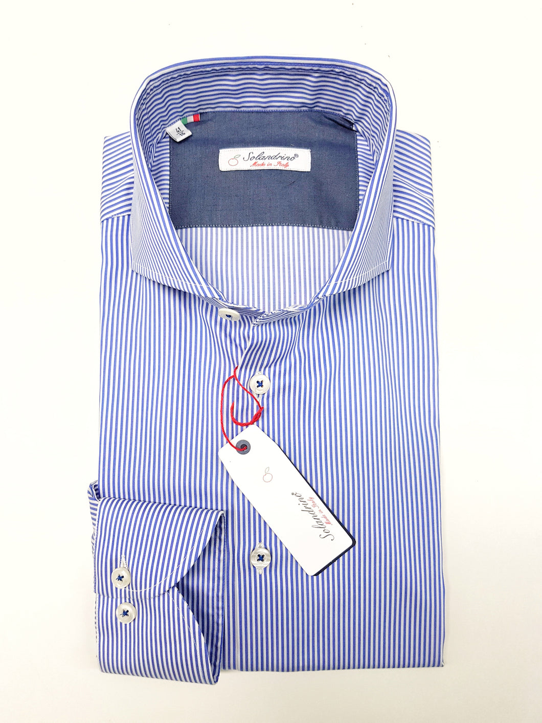 Camicia rigata puro cotone bianco azzurro con inserto in denim blu