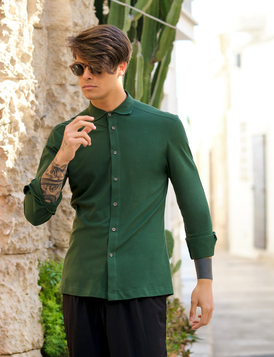 Polo Camicia piquet Verdone verde inglese Jersey in maglia morbida manica lunga alta qualità puro cotone  made in italy knit Jersey piquet