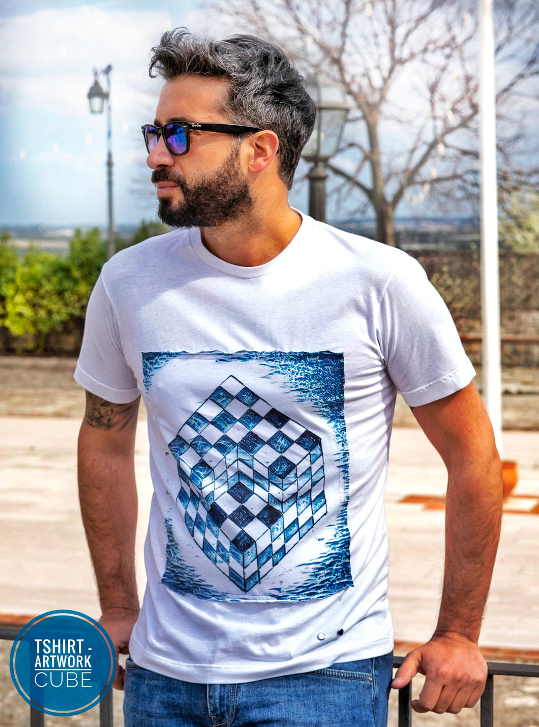 T-shirt made in Italy Fantasia Cube 100% fresco cotone jersey pettinato design cube