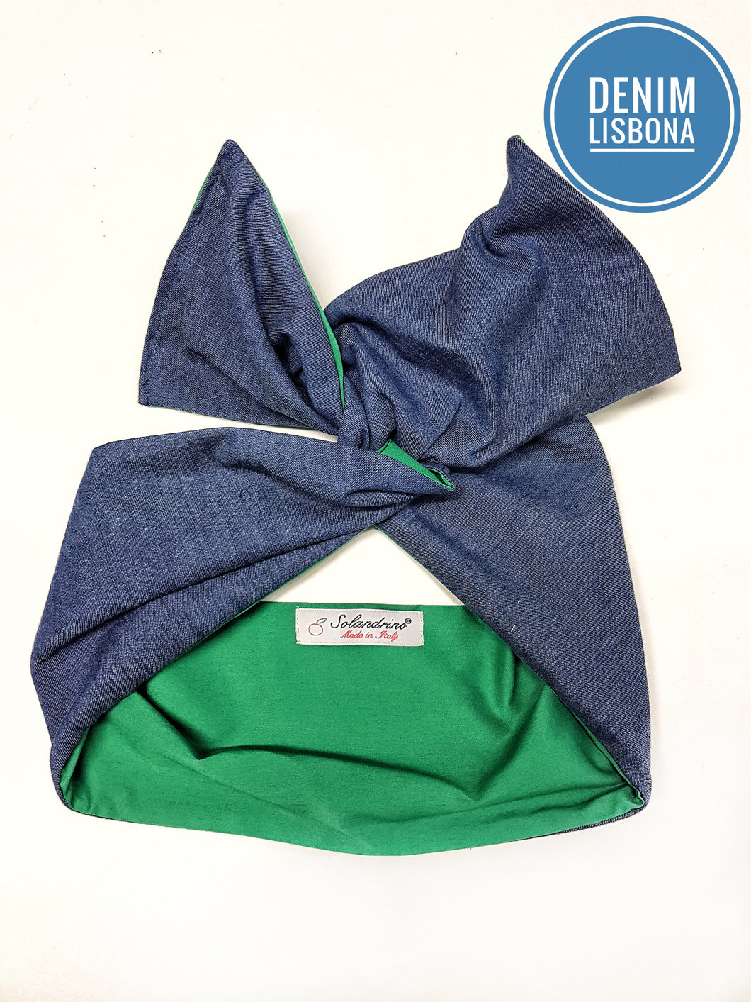 Turbante Fashion in cotone blue Denim Lisbona verde Made in Italy