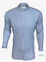 Carica l&#39;immagine nel visualizzatore di Gallery, Camicia Uomo guru coreano goffrato puro cotone a righe azzurre seersucker stropicciato
