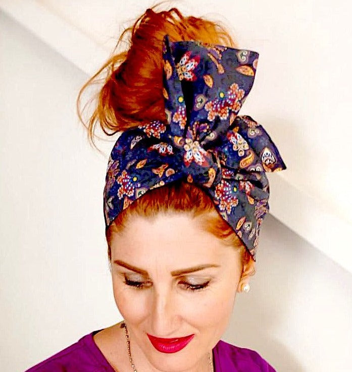 Turbante Fashion in cotone fascia capelli design Paisley glamourHD  Blu made in Italy