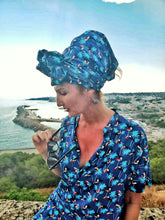 Load image into Gallery viewer, Turbante Fashion in cotone fascia capelli design tropical blu tucano made in Italy
