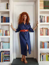Load image into Gallery viewer, VESTITO LUNGO Donna Lino blu camicione Vestito collo FINAM  made in italy dress shirt
