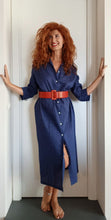 Load image into Gallery viewer, VESTITO LUNGO Donna Lino blu camicione Vestito collo FINAM  made in italy dress shirt
