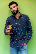 Carica l&#39;immagine nel visualizzatore di Gallery, Camicia blu Fashion cotone fantasia mongolfiera travel cotone made in italy
