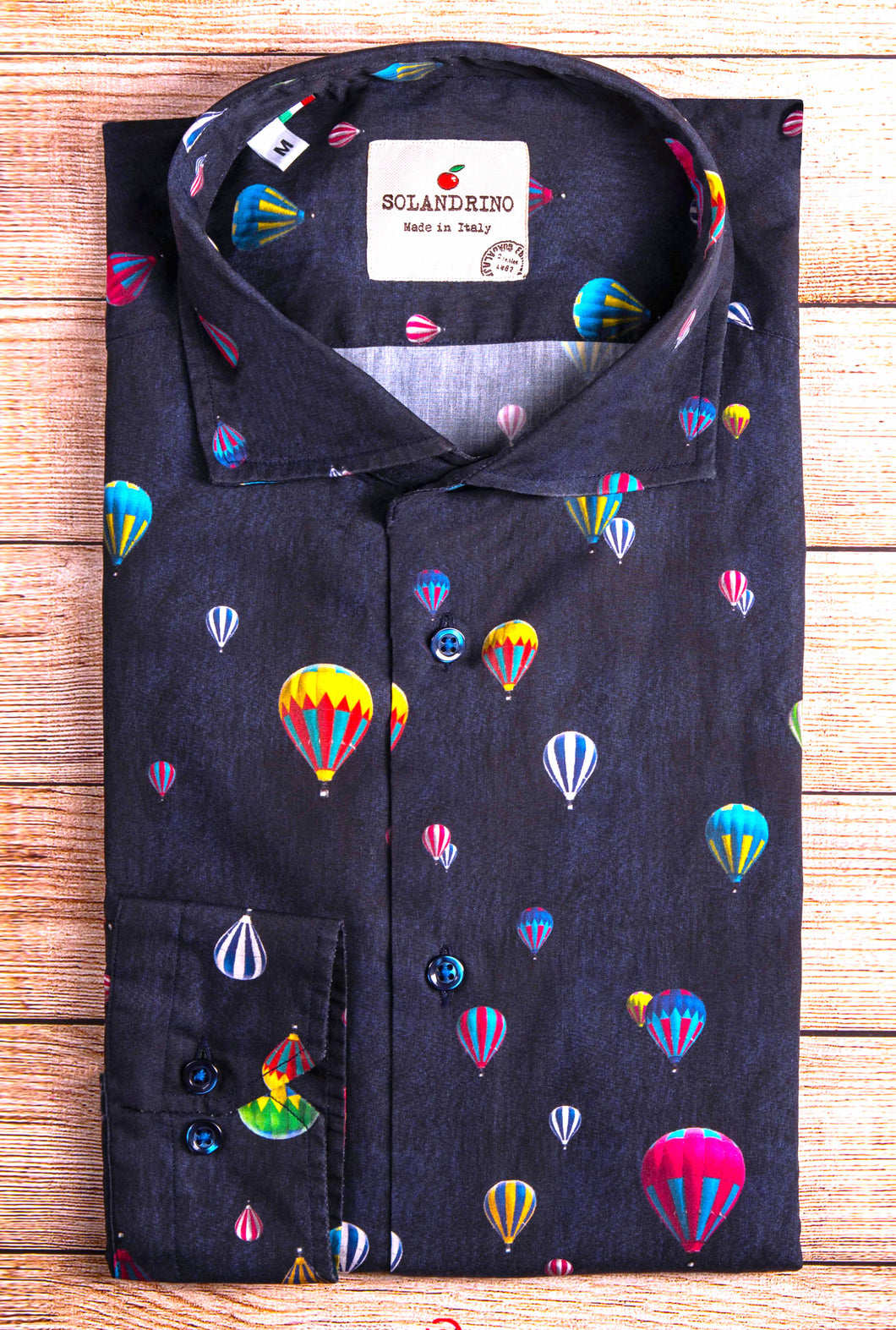 Camicia blu Fashion cotone fantasia mongolfiera travel cotone made in italy