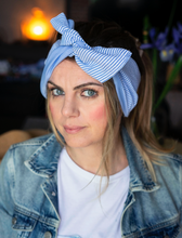Load image into Gallery viewer, Turbante Fashion in cotone Fantasia rigata design goffrato azzurro 31 Made in Italy
