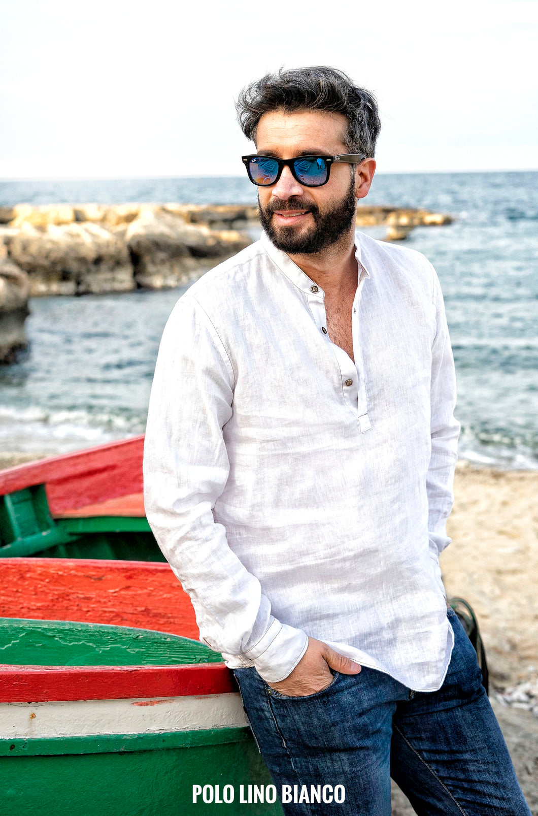 Camicia lino bianco guru coreano serafino chiusa a polo made in italy
