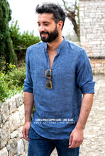 Carica l&#39;immagine nel visualizzatore di Gallery, Camicia cotone lino blu denim guru serafino  polo skipper made in italy
