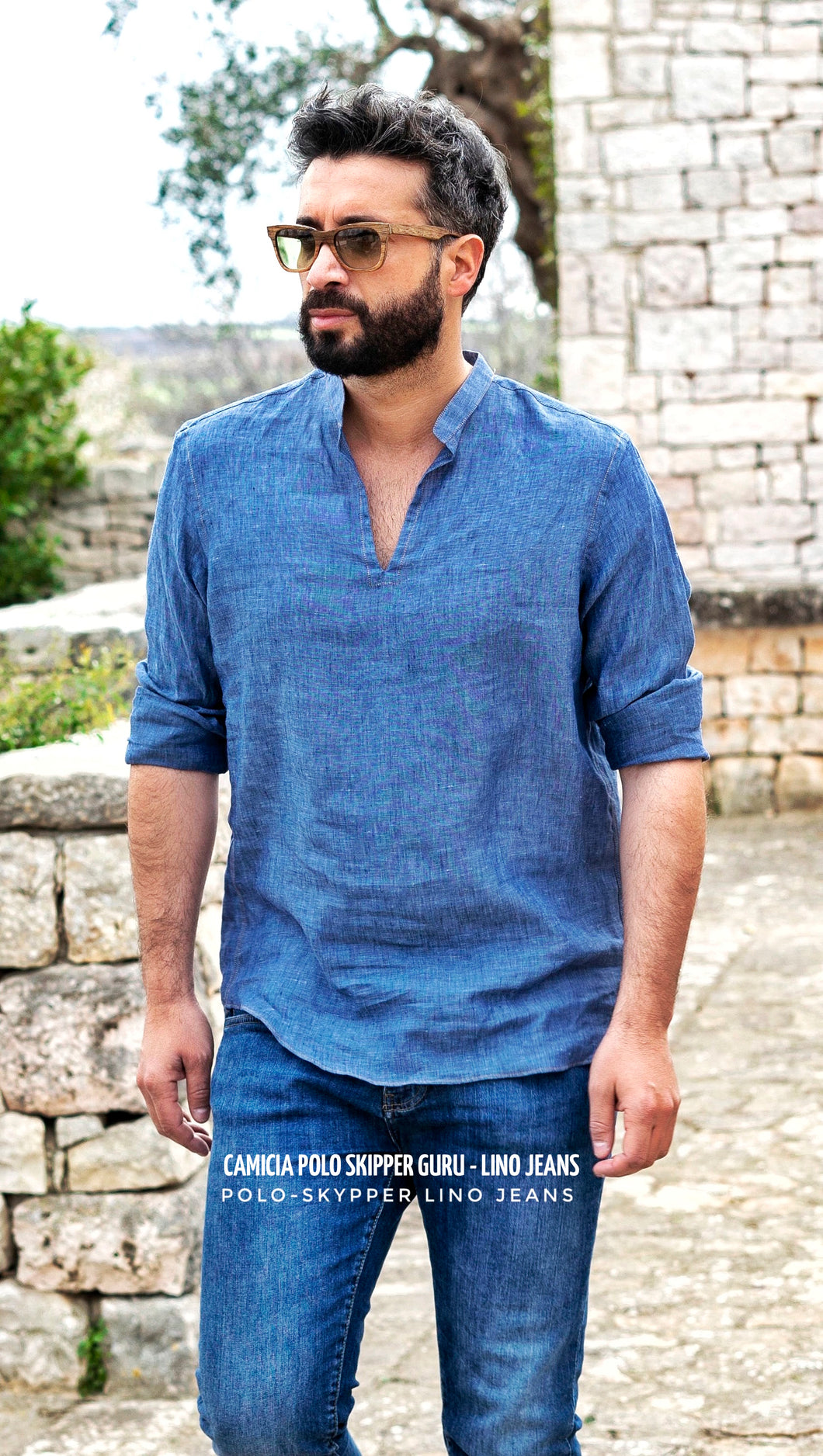 Camicia cotone lino blu denim guru serafino  polo skipper made in italy
