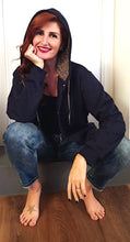 Load image into Gallery viewer, Felpa Donna cardigan Blu con Cappuccio unisex design micro fantasia foliage made in Italy Fantasia 100% cotone  Unisex Sweatshirt blue Hoodie
