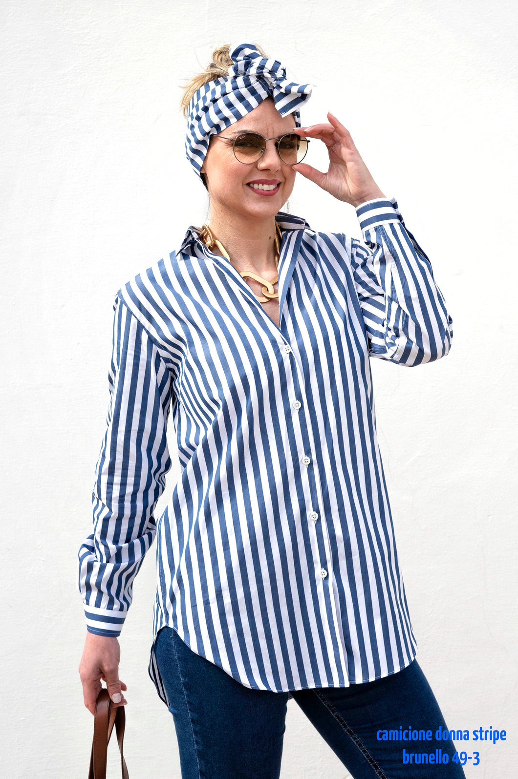 Camicione Donna fasciato Vestito a fasce blu cotone made in italy woman shirt