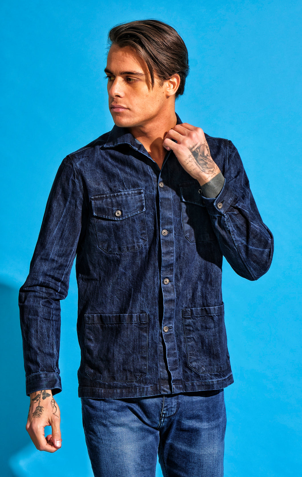 Giacca Overshirt Jeans Blu Sahariana Safari 4 tasche 100% denim navy blue  in