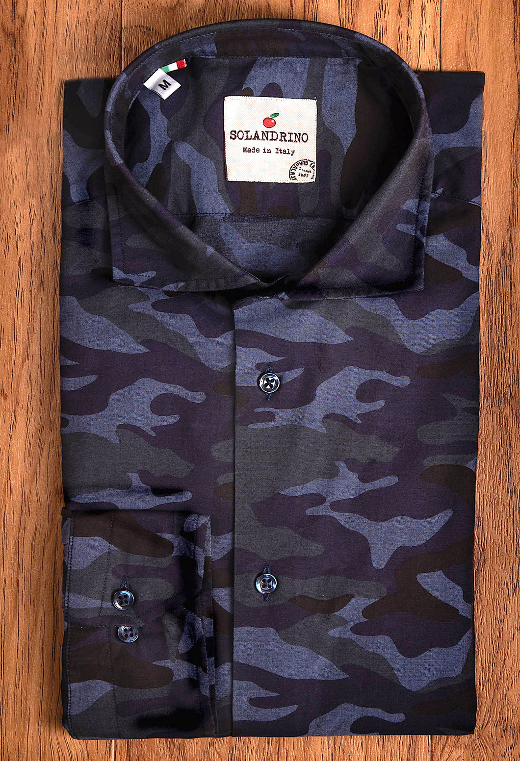 Camicia fantasia camouflage mimetico blu dark cotone made in italy