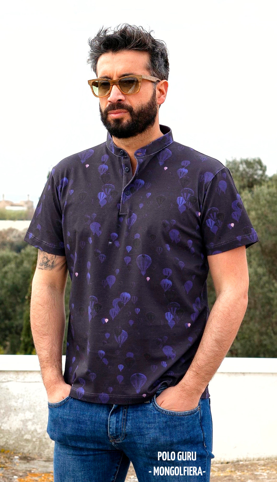 Polo 100% cotone jersey manica corta collo Guru Design Mongolfiera Blu Navy made in Italy manica lunga