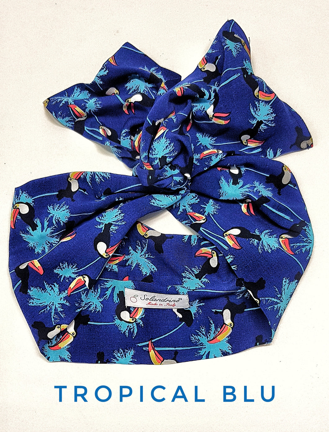 Turbante Fashion in cotone fascia capelli design tropical blu tucano made in Italy