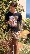 Load image into Gallery viewer, Costume da Bagno Giallo Fantasia Musicassetta abbinato a Tshirt Nera fantasia fashion is a rebus
